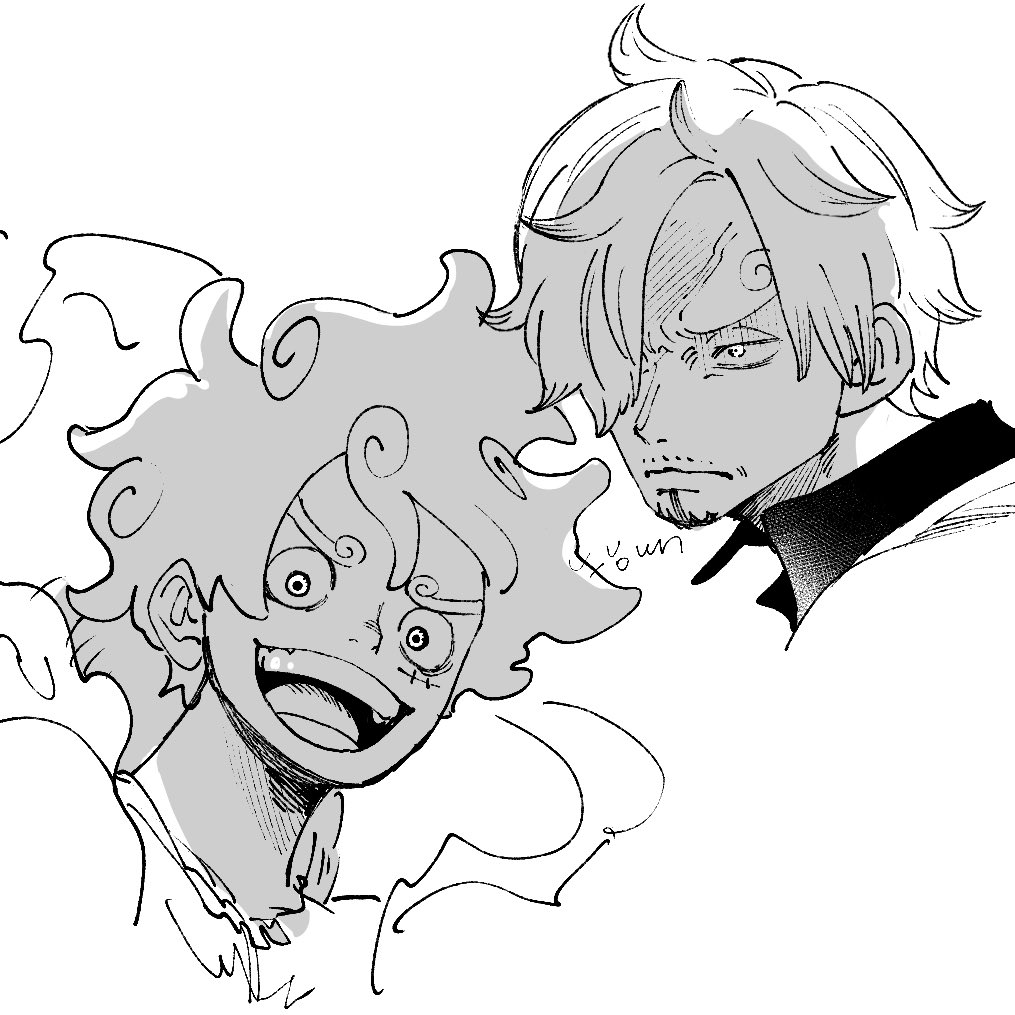 u uown, monkey d. luffy, sanji (one piece), one piece, commentary request, 2boys, angry, closed mouth, collared shirt, cropped torso, facial hair, facial scar, frown, gear fifth, goatee, greyscale, hair between eyes, hair over one eye, male focus, monochrome, multiple boys, open mouth, scar, scar on cheek, scar on face, shirt, simple background, smile, teeth, tongue, veins, wavy hair, white background, wing collar