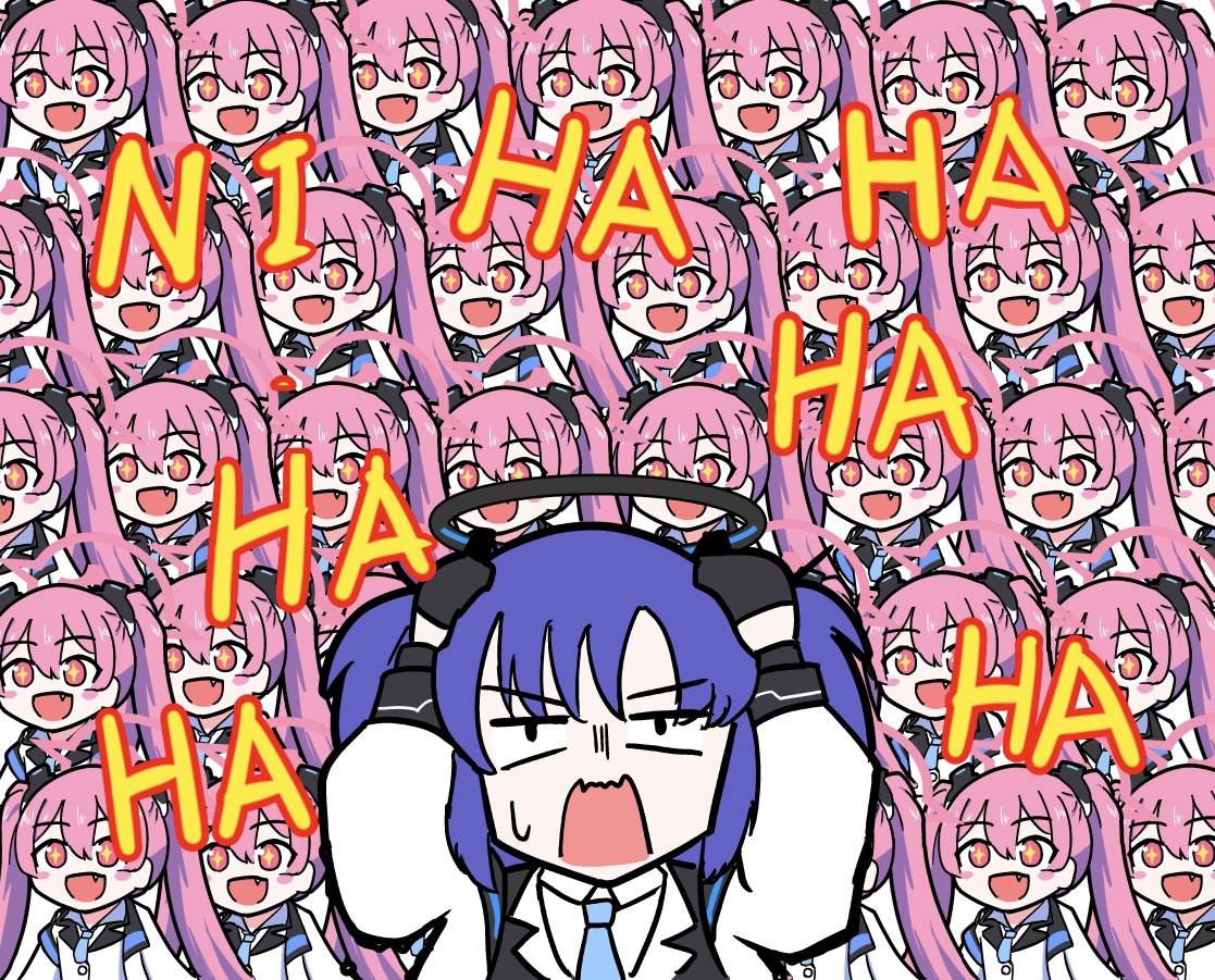 jamira, koyuki (blue archive), yuuka (blue archive), blue archive, + +, 2girls, black halo, blue necktie, clone, covering own ears, fang, formal clothes, halo, jacket, jacket partially removed, laughing, long hair, mechanical halo, multiple girls, necktie, open mouth, pink eyes, pink hair, pink halo, purple hair, suit, twintails, two side up, white jacket
