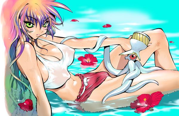 kotoyoshi yumisuke, wadatsumi (manga), 1girl, arm support, bare arms, breasts, cleavage, covered erect nipples, crop top, female focus, flower, gradient hair, green eyes, green hair, hibiscus, large breasts, long hair, midriff, multicolored hair, navel, orange hair, pink hair, see-through clothes, solo, very long hair, water, wet