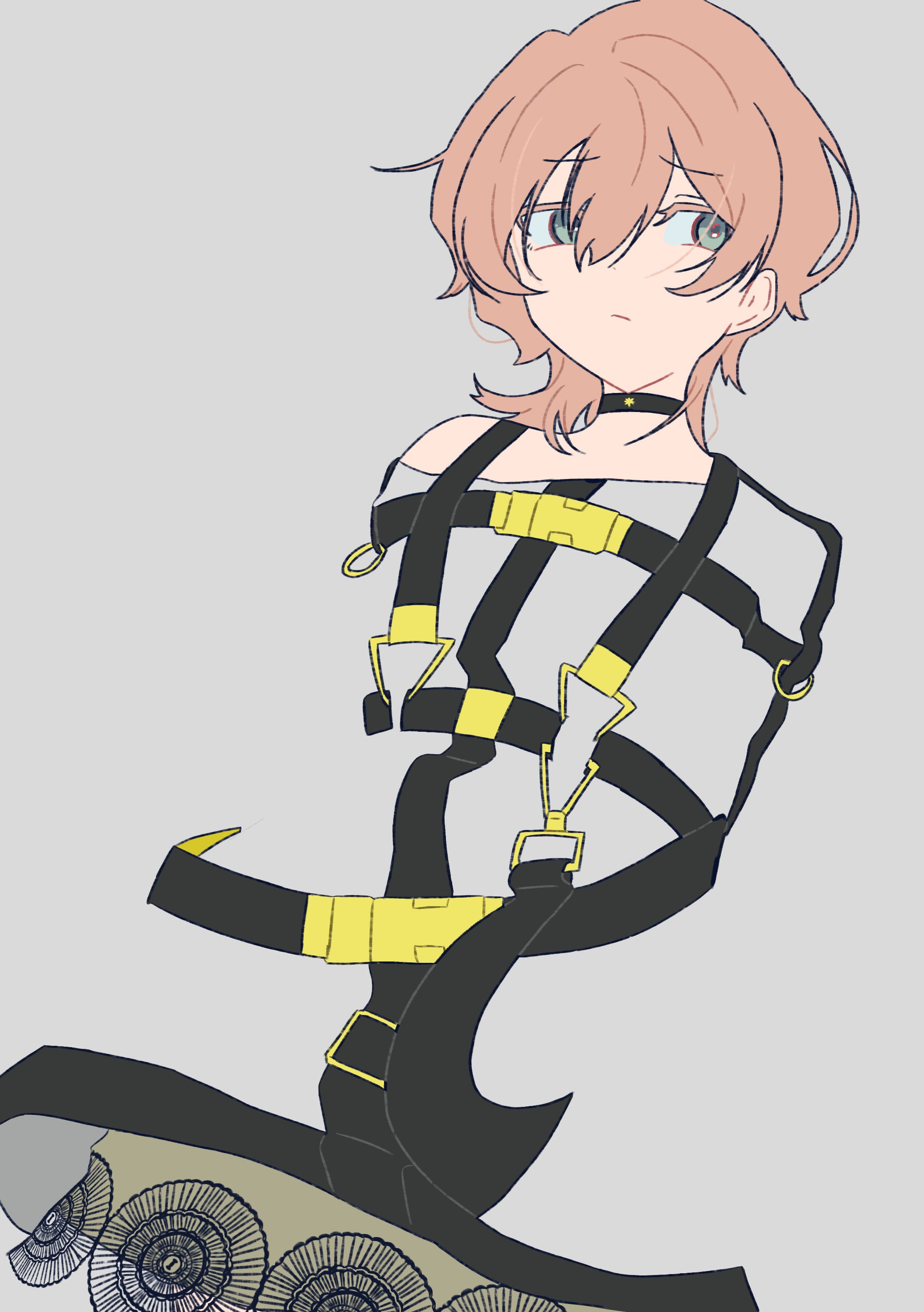 kusunoki muu, milgram, absurdres, highres, 1girl, belt, belt buckle, black belt, black choker, buckle, choker, closed mouth, colored eyelashes, dress, green eyes, grey background, hair between eyes, looking to the side, no lineart, pink hair, restraints, short hair, single bare shoulder, solo, straitjacket