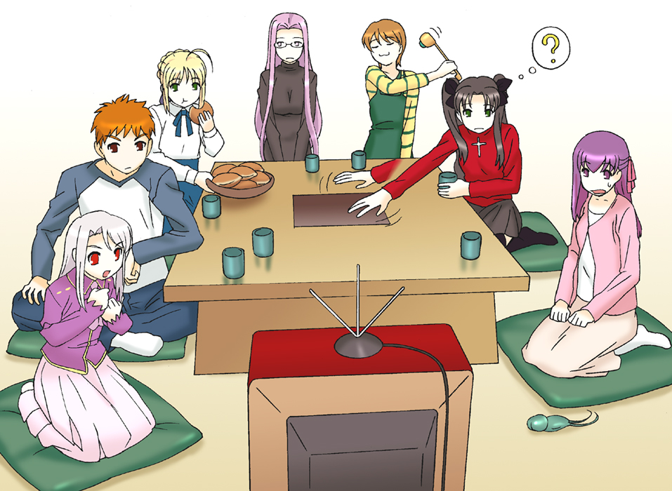 potato house, artoria pendragon (fate), emiya shirou, fujimura taiga, illyasviel von einzbern, matou sakura, medusa (fate), medusa (rider) (fate), saber (fate), tohsaka rin, fate/stay night, fate (series), 00s, 1boy, 6+girls, ?, brother and sister, crest worm, dorayaki, everyone, food, multiple girls, raglan sleeves, siblings, sisters, square pupils, television, wagashi, watching, worm