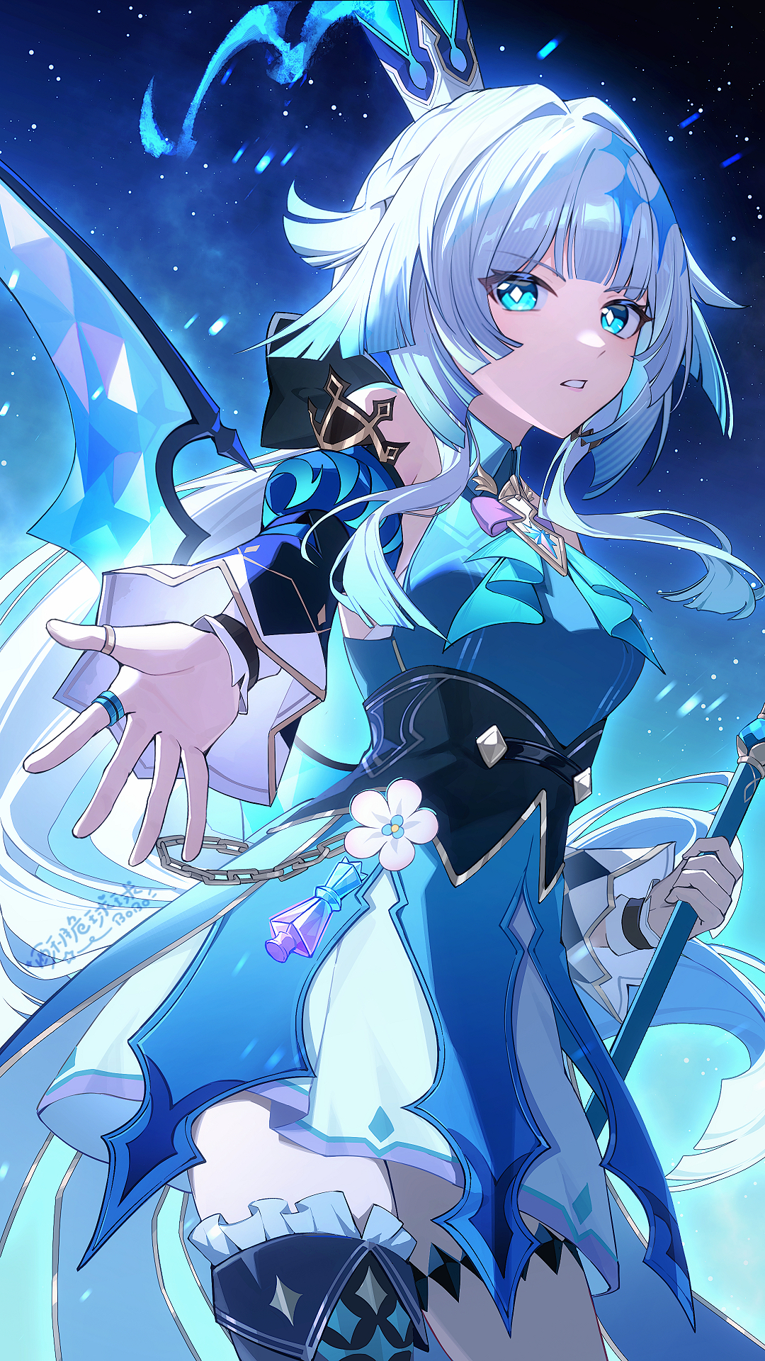 so zei tama tama, cerydra (honkai: star rail), honkai: star rail, honkai (series), highres, making-of available, md5 mismatch, mixed-language commentary, revision, 1girl, ascot, bare shoulders, blue ascot, blue dress, blue eyes, blue skirt, breasts, bright pupils, cowboy shot, detached sleeves, dress, grey hair, hair intakes, hair ornament, holding, looking at viewer, medium breasts, medium hair, multicolored hair, offering hand, parted lips, signature, skirt, solo, streaked hair, thighs, white pupils