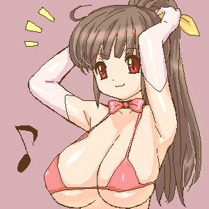 potato house, lowres, 1girl, :3, bikini, breasts, brown hair, choker, elbow gloves, female focus, gloves, huge breasts, large breasts, musical note, oekaki, ponytail, quaver, red bikini, red eyes, simple background, solo, swimsuit