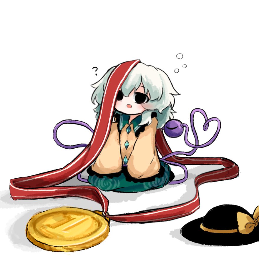 heripantomorrow, komeiji koishi, touhou, commentary, 1girl, ?, black hat, bow, collar, dress, floral print, floral print dress, frilled collar, frilled sleeves, frills, green dress, hat, hat bow, medal, mini person, print dress, rose print, shirt, short hair, sitting, sleeves past fingers, sleeves past wrists, solo, third eye, unworn hat, unworn headwear, yellow shirt