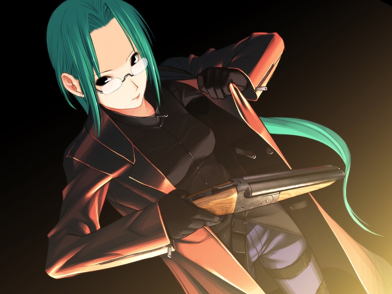 chuuou higashiguchi, tanbo ryouko, nitroplus, saya no uta, light, game cg, 1girl, adjusting clothes, aqua hair, black background, black eyes, black gloves, closed mouth, coat, cowboy shot, double-barreled shotgun, dutch angle, earrings, expressionless, female focus, glasses, gloves, green hair, gun, holding, holding gun, holding weapon, jewelry, lipstick, long hair, long sleeves, looking at viewer, low ponytail, makeup, multiple-barrel gun, open clothes, pants, ponytail, rectangular eyewear, rimless eyewear, sawed-off shotgun, shotgun, side-by-side-barreled shotgun, sidelocks, simple background, solo, standing, strap, stud earrings, thigh strap, trench coat, turtleneck, very long hair, weapon, zipper