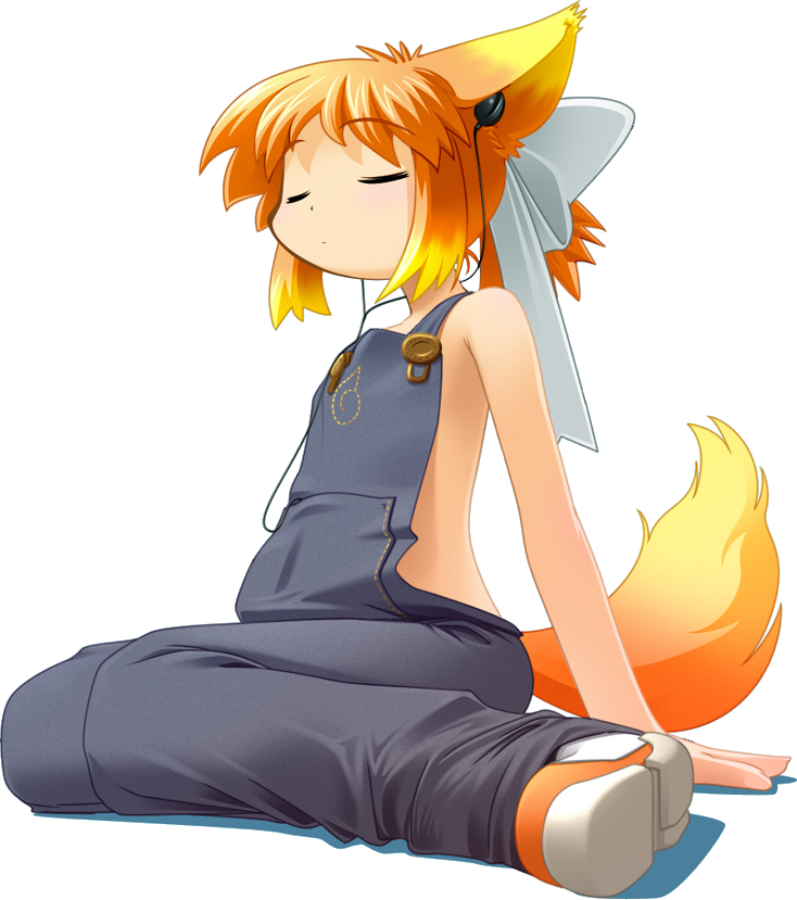 kitsupon, lolifox, mozilla firefox, os-tan, 1girl, animal ears, arm support, blonde hair, bow, buttons, child, closed eyes, earbuds, earphones, female focus, flat chest, fox ears, fox tail, from side, full body, gradient hair, hair bow, hair ribbon, multicolored hair, naked overalls, orange hair, overalls, personification, ponytail, ribbon, shadow, shoes, short hair, sitting, sneakers, solo, tail, transparent background, wariza