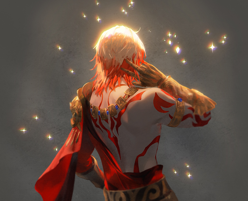 limboooo, mydei (honkai: star rail), honkai: star rail, honkai (series), chinese commentary, commentary request, 1boy, arm tattoo, armlet, back tattoo, black coat, blonde hair, cape, clawed gauntlets, coat, gold necklace, gradient hair, jewelry, male focus, medium hair, multicolored hair, necklace, open clothes, open coat, red cape, red hair, side cape, solo, tattoo