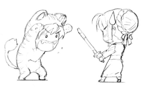 potato house, artoria pendragon (fate), fujimura taiga, saber (fate), fate/stay night, fate (series), lowres, 00s, 2girls, animal costume, animal print, arms up, chibi, greyscale, monochrome, multiple girls, pun, shinai, sweatdrop, sword, tiger costume, tiger print, weapon