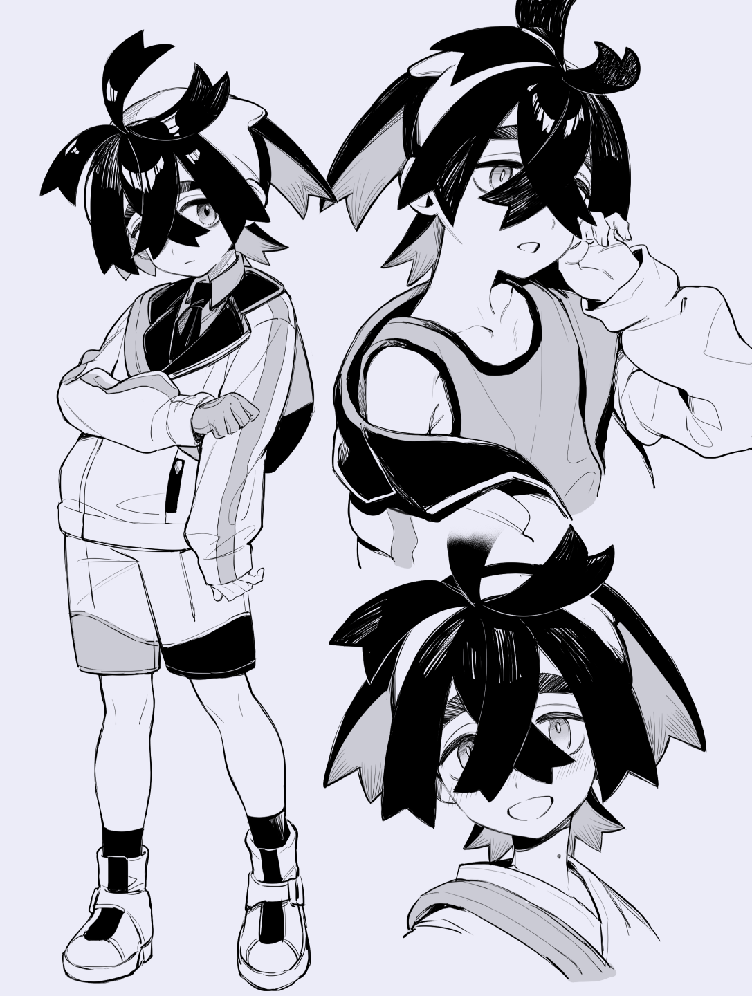 salt (sawa0609), kieran (pokemon), nintendo, pokemon, pokemon sv, highres, 1boy, antenna hair, closed mouth, collarbone, collared shirt, colored inner hair, crossed bangs, gloves, greyscale, hair between eyes, jacket, long sleeves, male focus, mole, mole on neck, monochrome, multicolored hair, necktie, open mouth, shirt, short hair, shorts, single glove, socks, solo, tank top, two-tone hair
