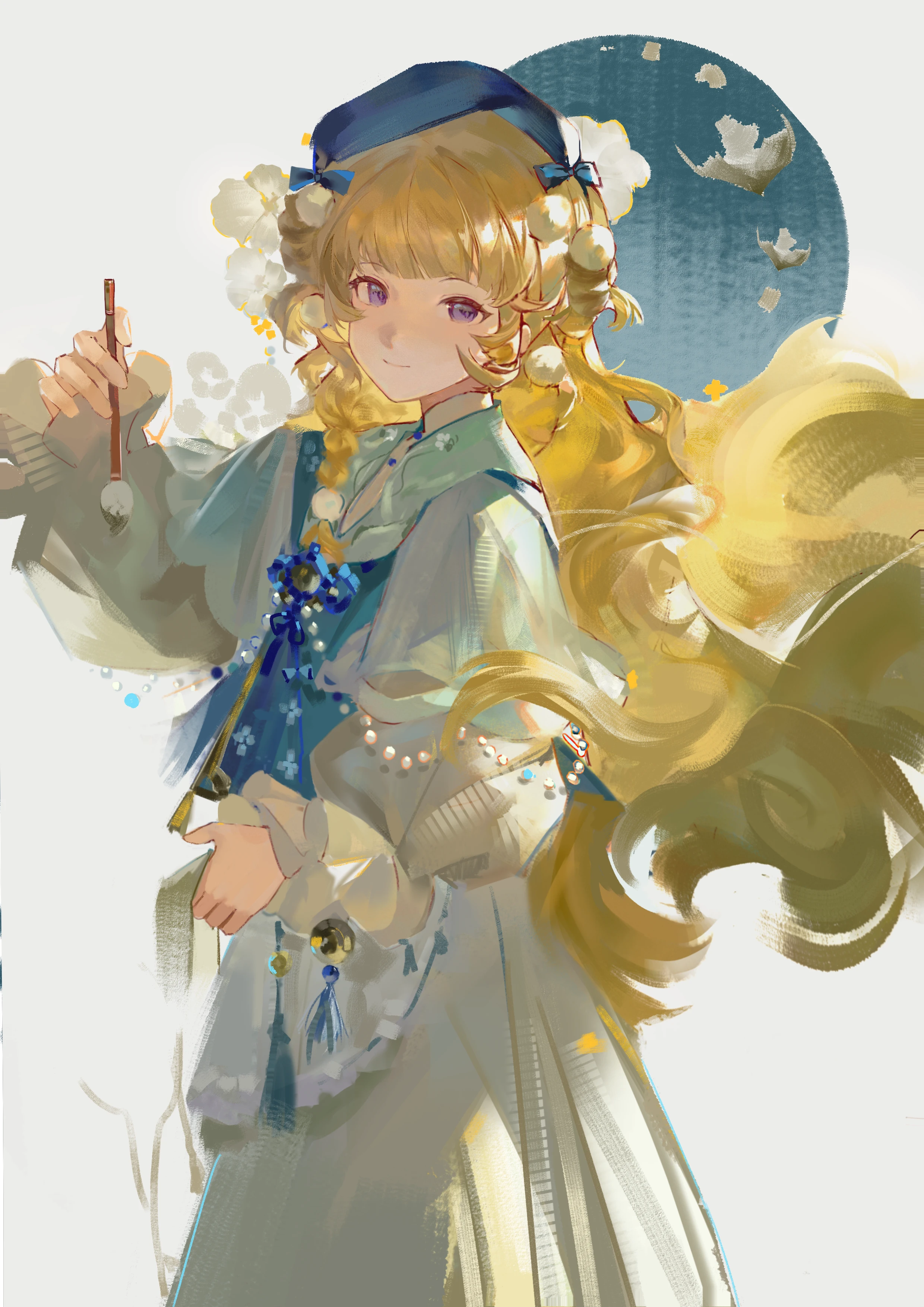 tmbboom, phoebe (wuthering waves), wuthering waves, absurdres, clothing request, highres, 1girl, blonde hair, blue hat, calligraphy brush, chinese clothes, closed mouth, dress, from side, hat, holding, holding calligraphy brush, holding paintbrush, long hair, looking at viewer, looking to the side, missing commentary, official alternate costume, paintbrush, purple eyes, smile, solo, white dress