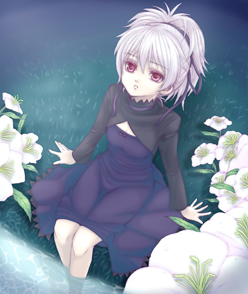 kannagi kaname, yin (darker than black), darker than black, 00s, 1girl, dress, female focus, flower, purple dress, solo, water