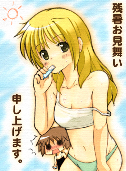 kannagi kaname, miyako (hidamari sketch), yuno (hidamari sketch), hidamari sketch, 00s, blonde hair, blush, loose clothes, loose shirt, midriff, shirt, strap slip, sweat, wide face