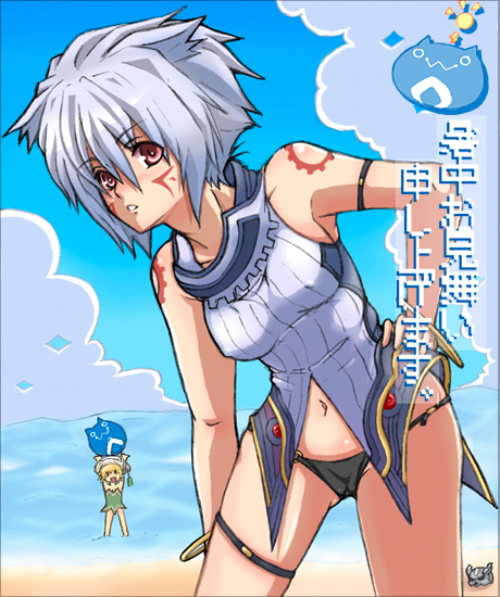 kannagi kaname, atoli, atoli (.hack//), hack, haseo, haseo (.hack//), .hack//, .hack//g.u., bandai, cyber connect 2, translation request, 00s, 2girls, beach, bikini, bikini bottom only, blush, day, genderswap, genderswap (mtf), multiple girls, shochuumimai, short hair, swimsuit, tattoo
