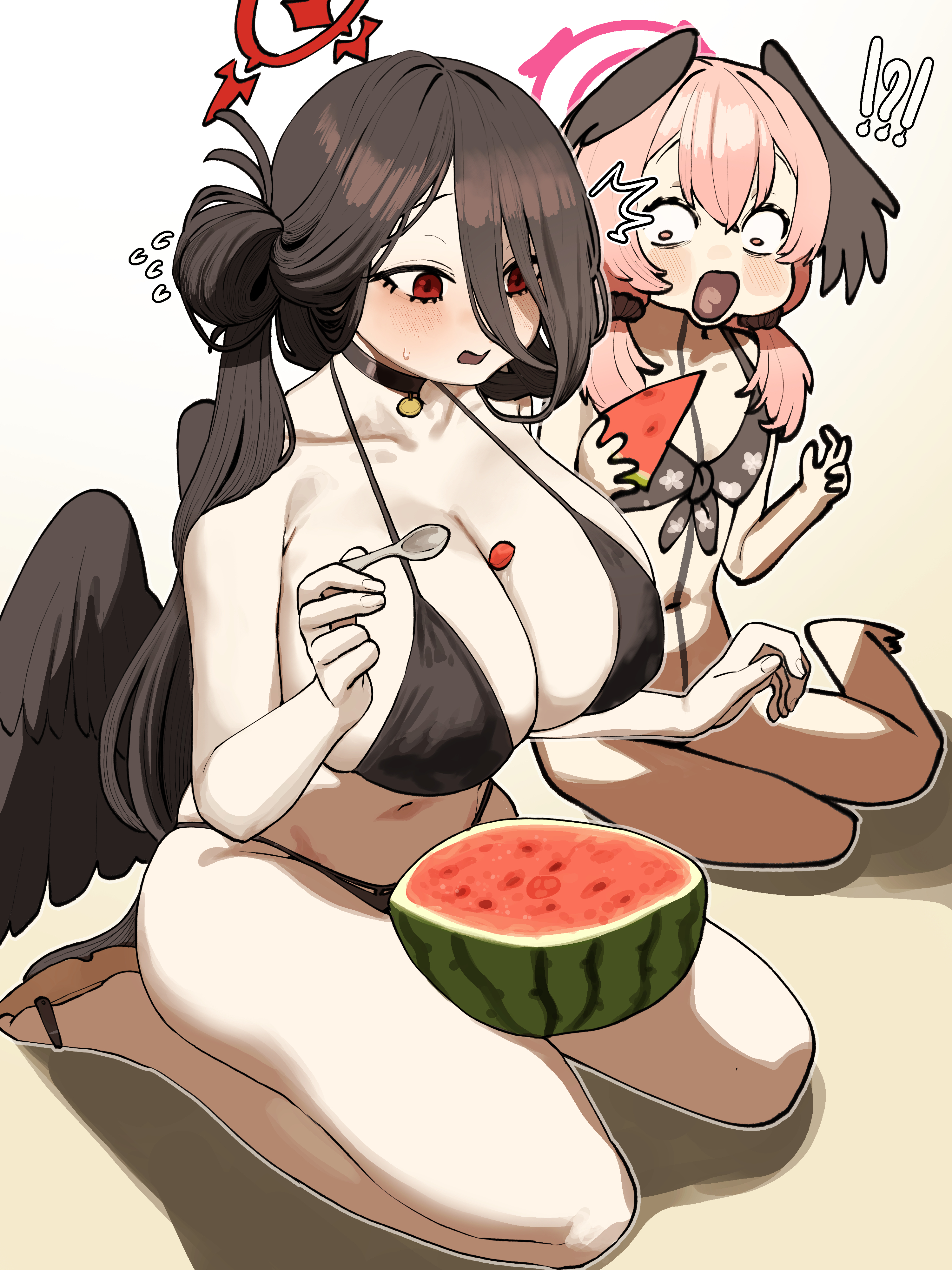 chroong, hasumi (blue archive), hasumi (swimsuit) (blue archive), koharu (blue archive), koharu (swimsuit) (blue archive), blue archive, absurdres, commentary, highres, !?, 2girls, bikini, black choker, black hair, blush, breasts, choker, cleavage, collarbone, feathered wings, floral print, flying sweatdrops, food, food between breasts, front-tie bikini top, front-tie top, fruit, hair between eyes, hair bun, halo, head wings, holding, holding food, holding spoon, huge breasts, low twintails, multiple girls, navel, official alternate costume, official alternate hairstyle, open mouth, pink eyes, pink hair, pink halo, red eyes, red halo, sandals, seiza, single side bun, sitting, spoon, stomach, sweatdrop, swimsuit, twintails, watermelon, watermelon slice, wings, yokozuwari