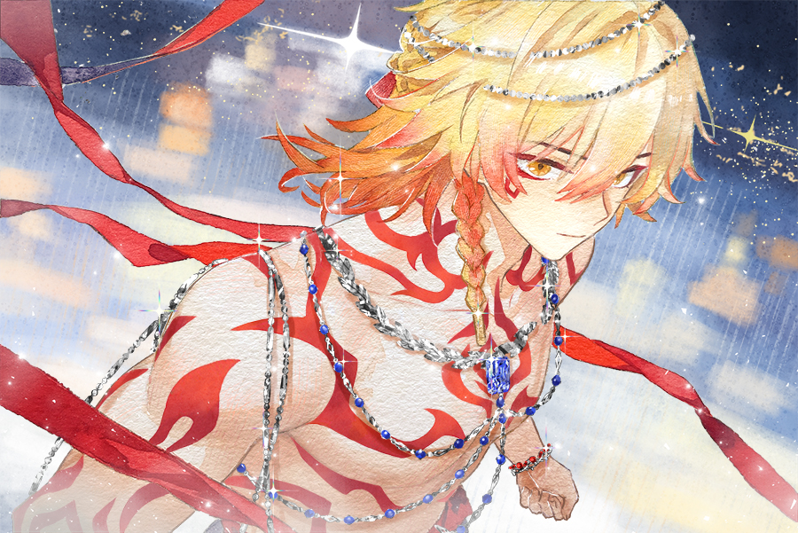 limboooo, mydei (honkai: star rail), honkai: star rail, honkai (series), chinese commentary, commentary request, 1boy, arm tattoo, blonde hair, braid, chest tattoo, facial tattoo, gradient hair, hair between eyes, male focus, medium hair, multicolored hair, red hair, red ribbon, red tattoo, ribbon, side braid, solo, tattoo, topless male, yellow eyes