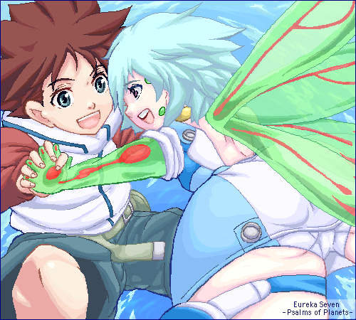 kannagi kaname, eureka (eureka seven), renton thurston, eureka seven, eureka seven (series), bad id, bad pixiv id, lowres, spoilers, 00s, 1boy, 1girl, aqua hair, blue hair, flying, hetero, holding hands, panties, raglan sleeves, short hair, underwear, wings