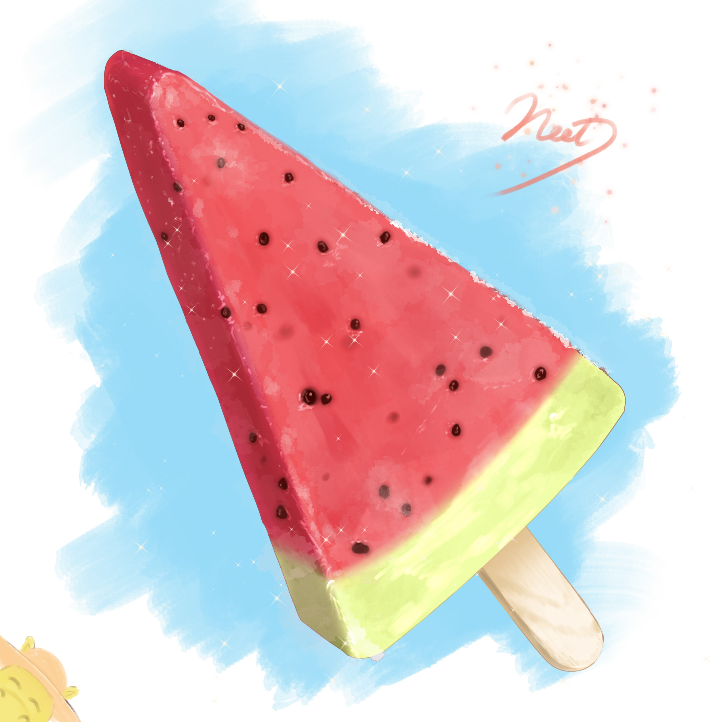 original, absurdres, commentary request, highres, artist name, food, food focus, ice cream, neet job, no humans, popsicle, popsicle stick, watermelon bar