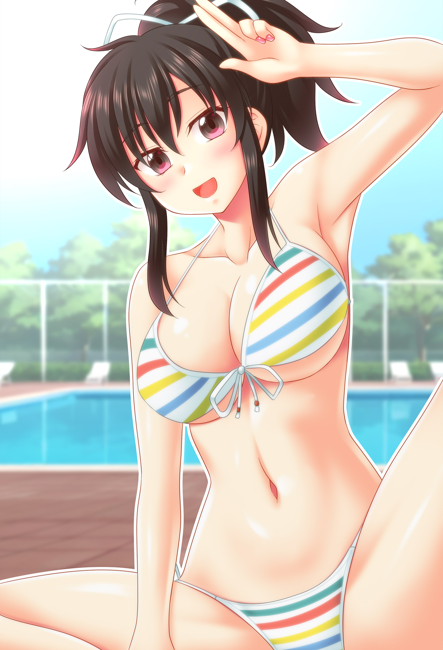 utomo, asuka (senran kagura), senran kagura, commentary, highres, 1girl, bikini, black hair, breasts, brown eyes, front-tie bikini top, front-tie top, hair ribbon, indian style, large breasts, long hair, looking at viewer, navel, ponytail, pool, ribbon, salute, short ponytail, sidelocks, sitting, smile, solo, striped bikini, striped clothes, swimsuit