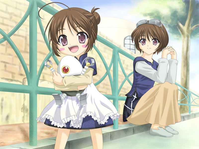 masakichi (crossroad), rinrin (sister princess), sister princess, dual persona, goggles, robot, sidewalk, time paradox
