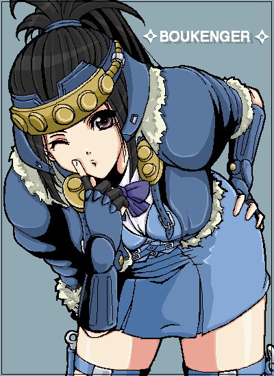 kannagi kaname, bad id, bad pixiv id, kunai, ninja, one eye closed, ponytail, solo, thighhighs, weapon, wink