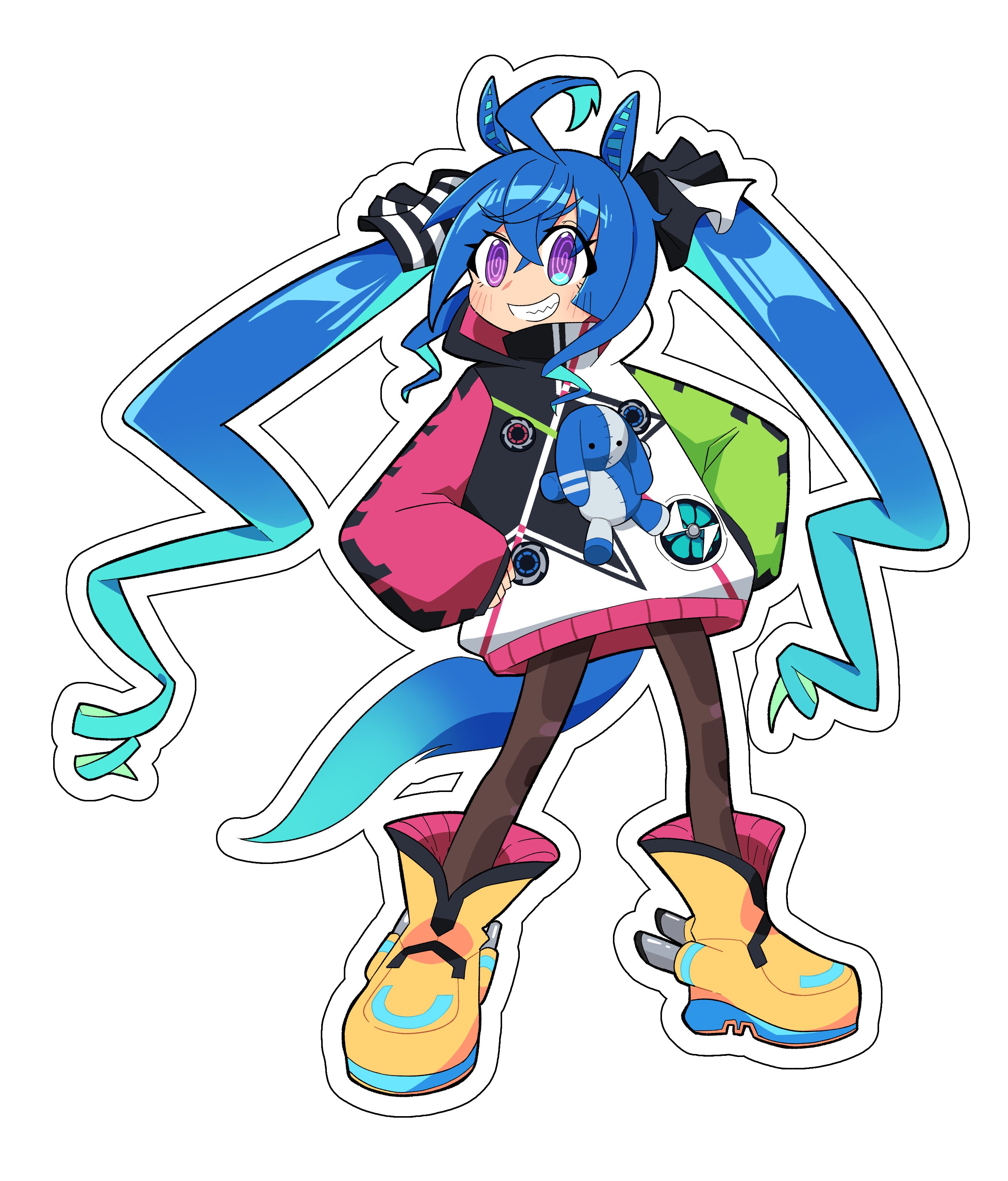 pancake-hime, twin turbo (umamusume), umamusume, absurdres, highres, 1girl, @ @, ahoge, animal ears, blue eyes, blue hair, boots, full body, grin, hair between eyes, heterochromia, horse ears, horse girl, horse tail, jacket, long hair, long sleeves, looking at viewer, outline, parted lips, pink eyes, sharp teeth, smile, solo, stuffed animal, stuffed rabbit, stuffed toy, tail, teeth, twintails, white background, white outline, yellow boots