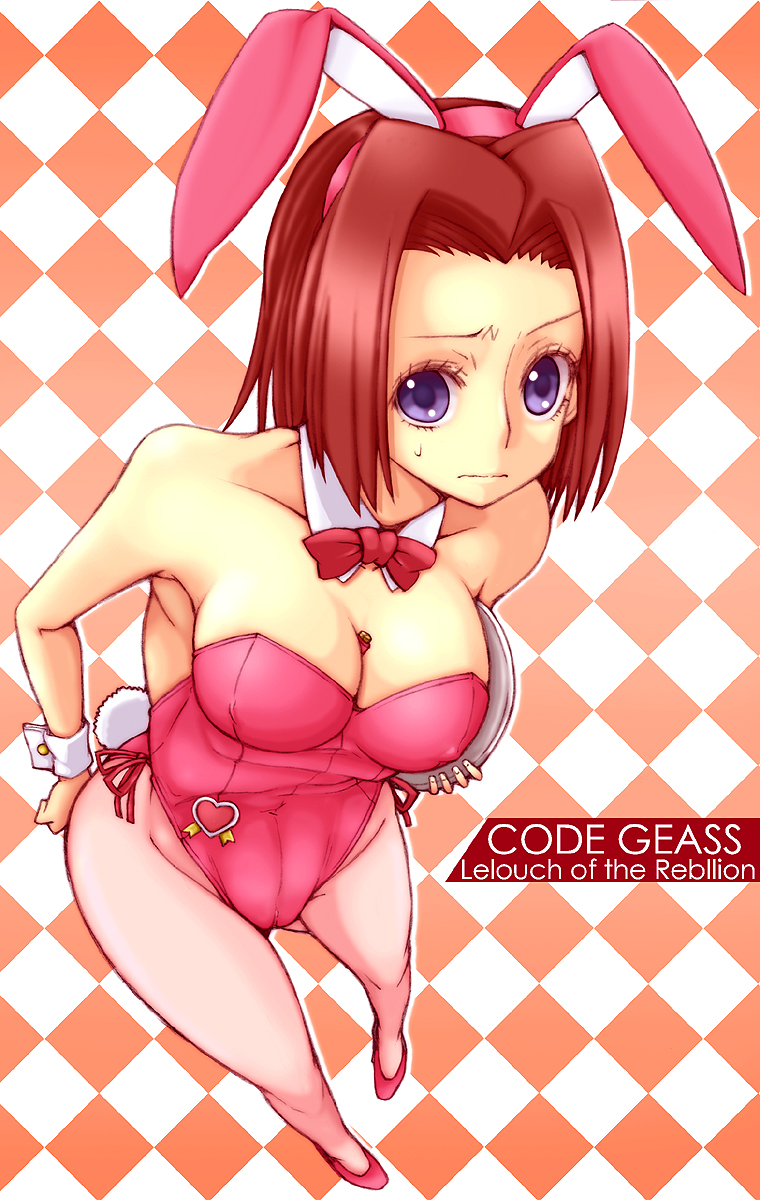 kannagi kaname, kouzuki kallen, code geass, bad id, bad pixiv id, highres, 00s, 1girl, animal ears, between breasts, breasts, cleavage, fake animal ears, female focus, full body, large breasts, leotard, pantyhose, playboy bunny, rabbit ears, solo