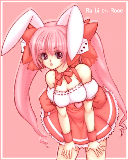 kannagi kaname, usada hikaru, di gi charat, bad id, bad pixiv id, 1girl, animal ears, breasts, cleavage, female focus, hair ornament, large breasts, long hair, pink hair, rabbit ears, solo, twintails