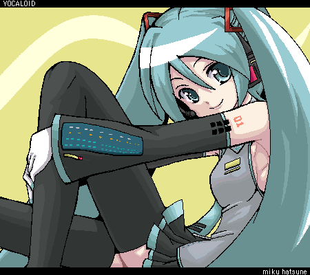 kannagi kaname, hatsune miku, vocaloid, bad id, bad pixiv id, lowres, 1girl, aqua hair, armpits, breasts, female focus, long hair, sideboob, small breasts, solo, thighhighs, twintails
