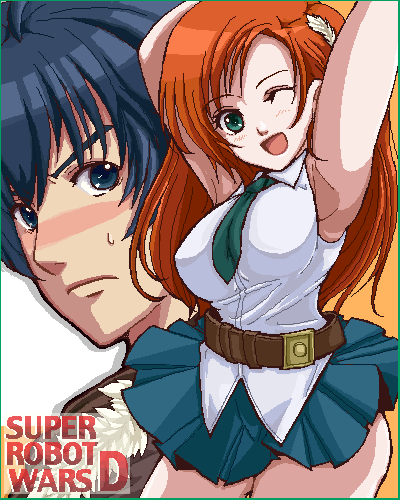 kannagi kaname, cliana rimskaya, joshua radcliffe, super robot wars, super robot wars destiny, bad id, bad pixiv id, lowres, 1boy, 1girl, armpits, blush, breasts, one eye closed, wink