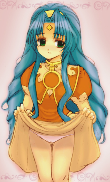 kannagi kaname, bad id, bad pixiv id, blue hair, clothes lift, green eyes, hairband, long hair, panties, skirt, skirt lift, solo, underwear