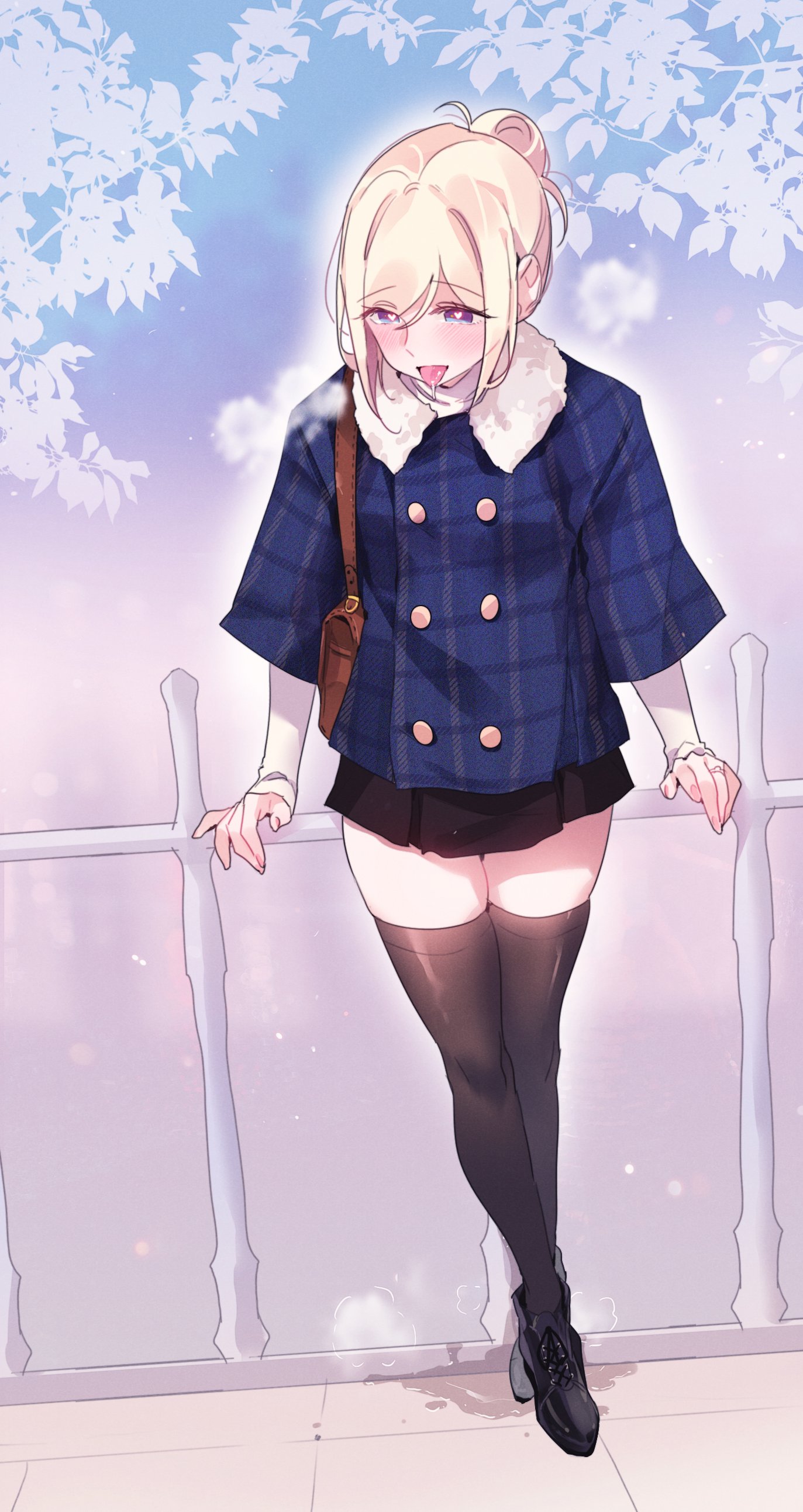 alicecrazy, character request, highres, official art, 1girl, bag, black shoes, black skirt, black socks, black thighhighs, blonde hair, blue coat, blush, brown bag, buttons, coat, collared coat, dot nose, female focus, full body, hair bun, heart, heart-shaped pupils, heart (symbol), jewelry, legs, long hair, long sleeves, microskirt, open mouth, outdoors, peeing, peeing self, pleated skirt, pussy juice, pussy juice puddle, ring, saliva, saliva trail, shirt, shirt under coat, shoes, shoulder bag, single hair bun, skirt, socks, solo, solo focus, symbol-shaped pupils, thighhighs, thighs, tongue, tongue out, wet, white shirt, zettai ryouiki