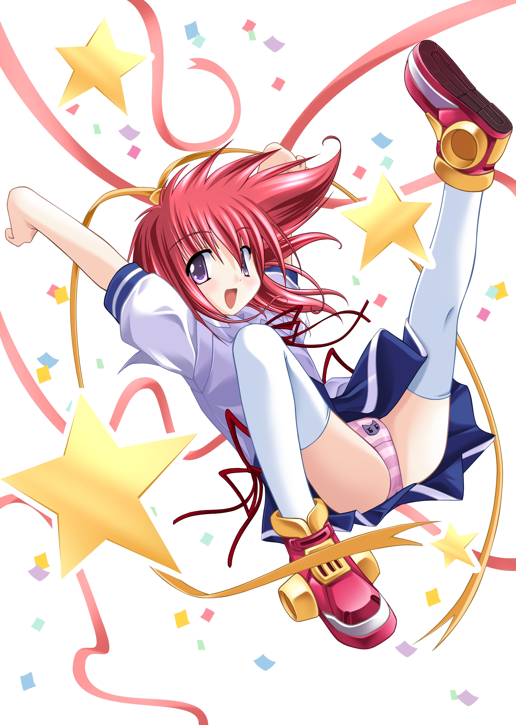 absurdres, highres, 1girl, female focus, hair ribbon, panties, print panties, ribbon, school uniform, serafuku, solo, spread legs, striped clothes, striped panties, underwear, upskirt, white background