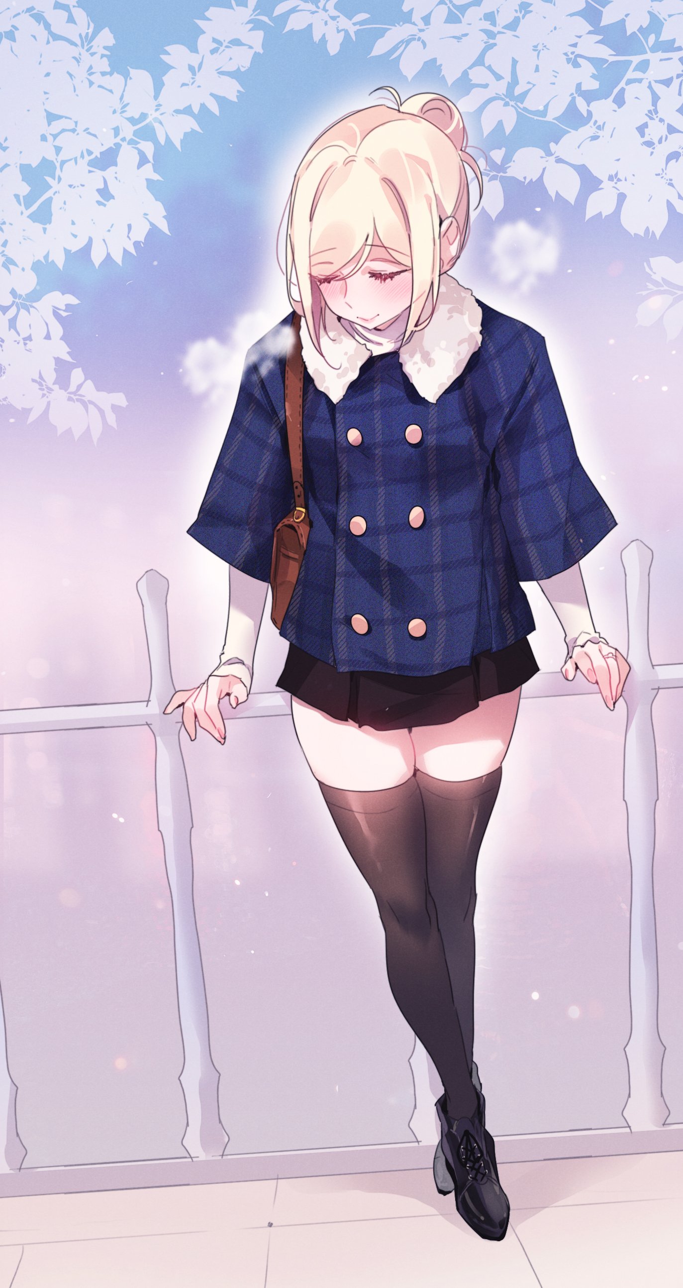 alicecrazy, character request, highres, official art, 1girl, bag, black shoes, black skirt, black socks, black thighhighs, blonde hair, blue coat, blush, brown bag, buttons, closed eyes, closed mouth, coat, collared coat, dot nose, female focus, full body, hair bun, jewelry, legs, long hair, long sleeves, microskirt, outdoors, pleated skirt, ring, shirt, shirt under coat, shoes, shoulder bag, single hair bun, skirt, socks, solo, solo focus, thighhighs, thighs, white shirt, zettai ryouiki