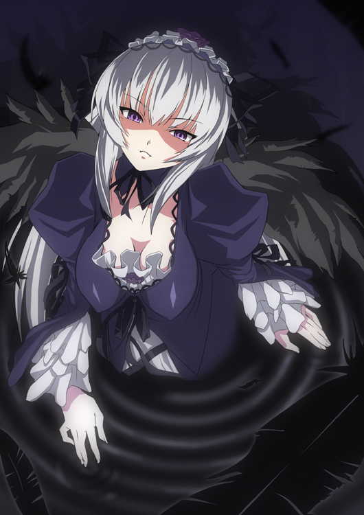 date (senpen), suigintou, rozen maiden, silver hair, 00s, 1girl, black wings, breasts, cleavage, female focus, large breasts, purple eyes, solo, wings