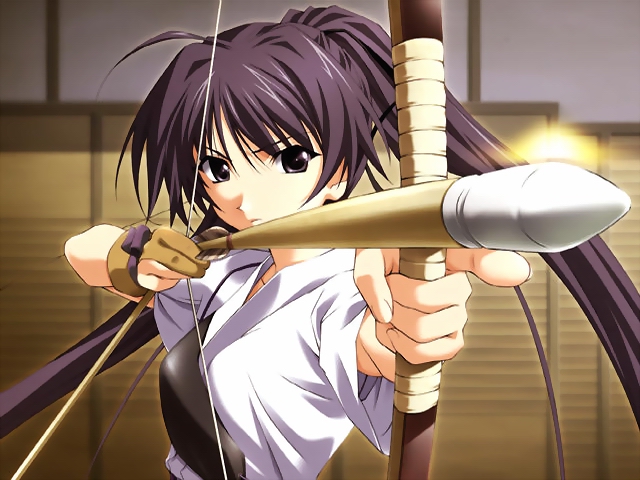 matsuo yukihiro, suzuna takano, memories off, memories off 2nd, game cg, 1girl, ahoge, archery, arrow (projectile), bow (weapon), drawing bow, female focus, foreshortening, gloves, holding, holding bow (weapon), holding weapon, kyuudou, long hair, muneate, partially fingerless gloves, partly fingerless gloves, single glove, solo, upper body, weapon, yugake