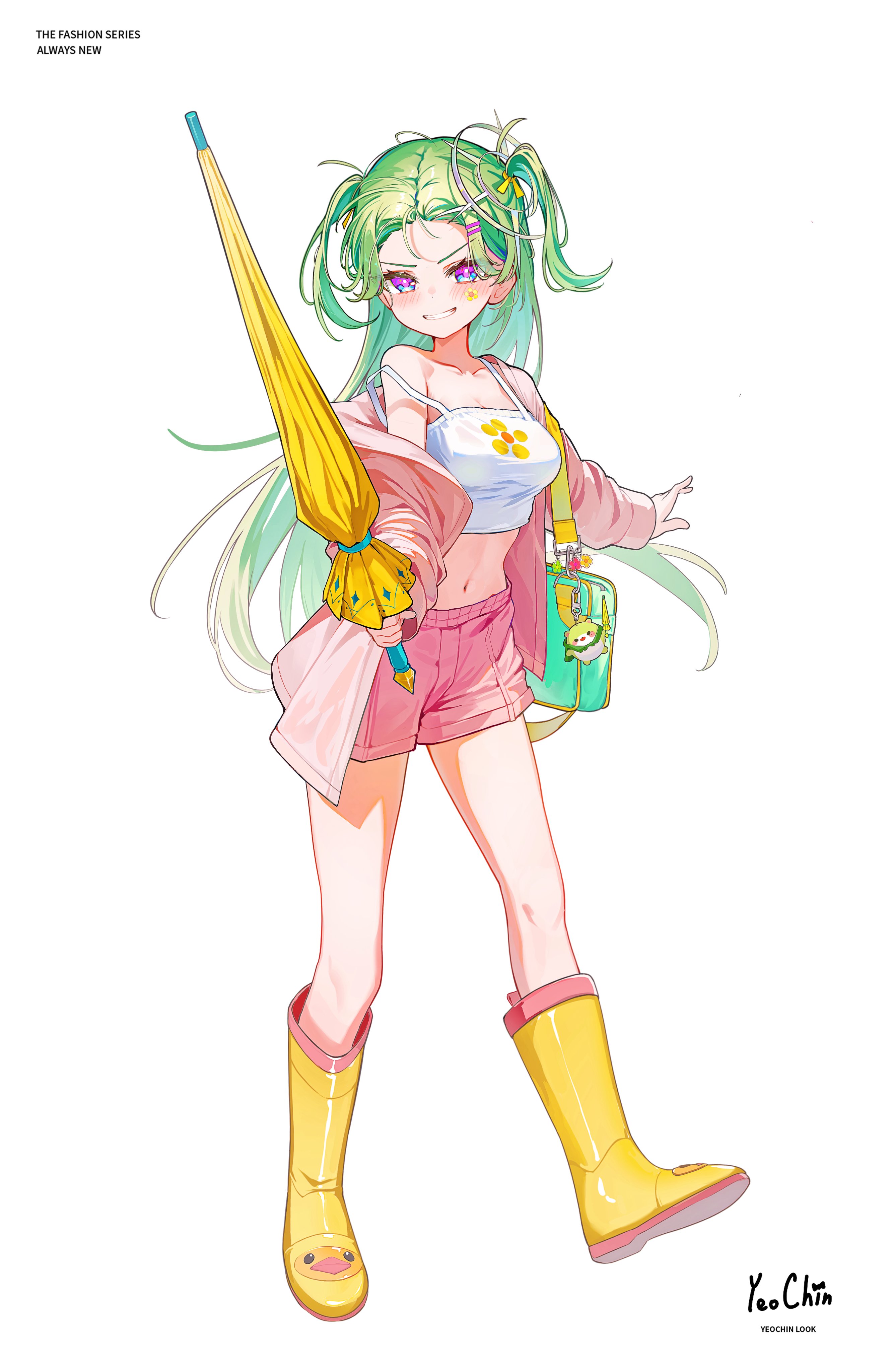 firehippo, yuzuha riko, stellive, absurdres, highres, 1girl, boots, closed umbrella, green hair, hair ornament, holding, jacket, long hair, multicolored eyes, navel, pink jacket, pink shorts, pom pom (clothes), pom pom hair ornament, rubber boots, shorts, smile, solo, umbrella, unicorn girl, virtual youtuber