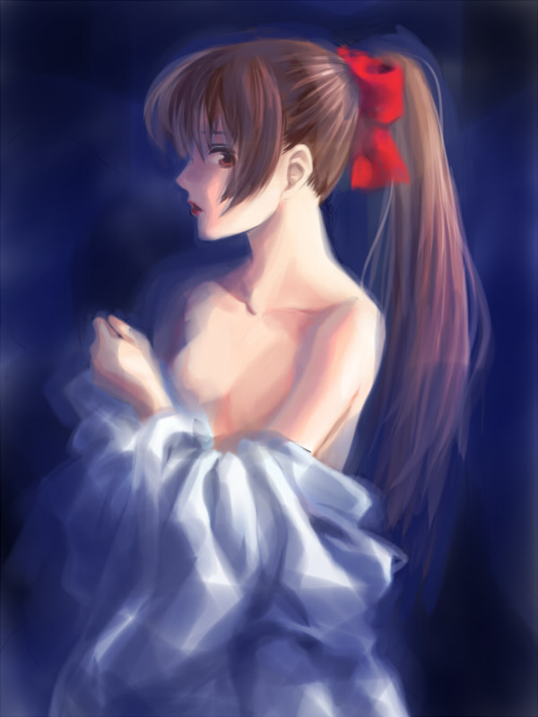 oyamada musshu, yuasa hiromi, true tears, bad id, bad pixiv id, 00s, 1girl, bare shoulders, bow, breasts, brown hair, cleavage, female focus, gradient background, hair bow, lipstick, long hair, makeup, off shoulder, ponytail, red eyes, solo, undressing