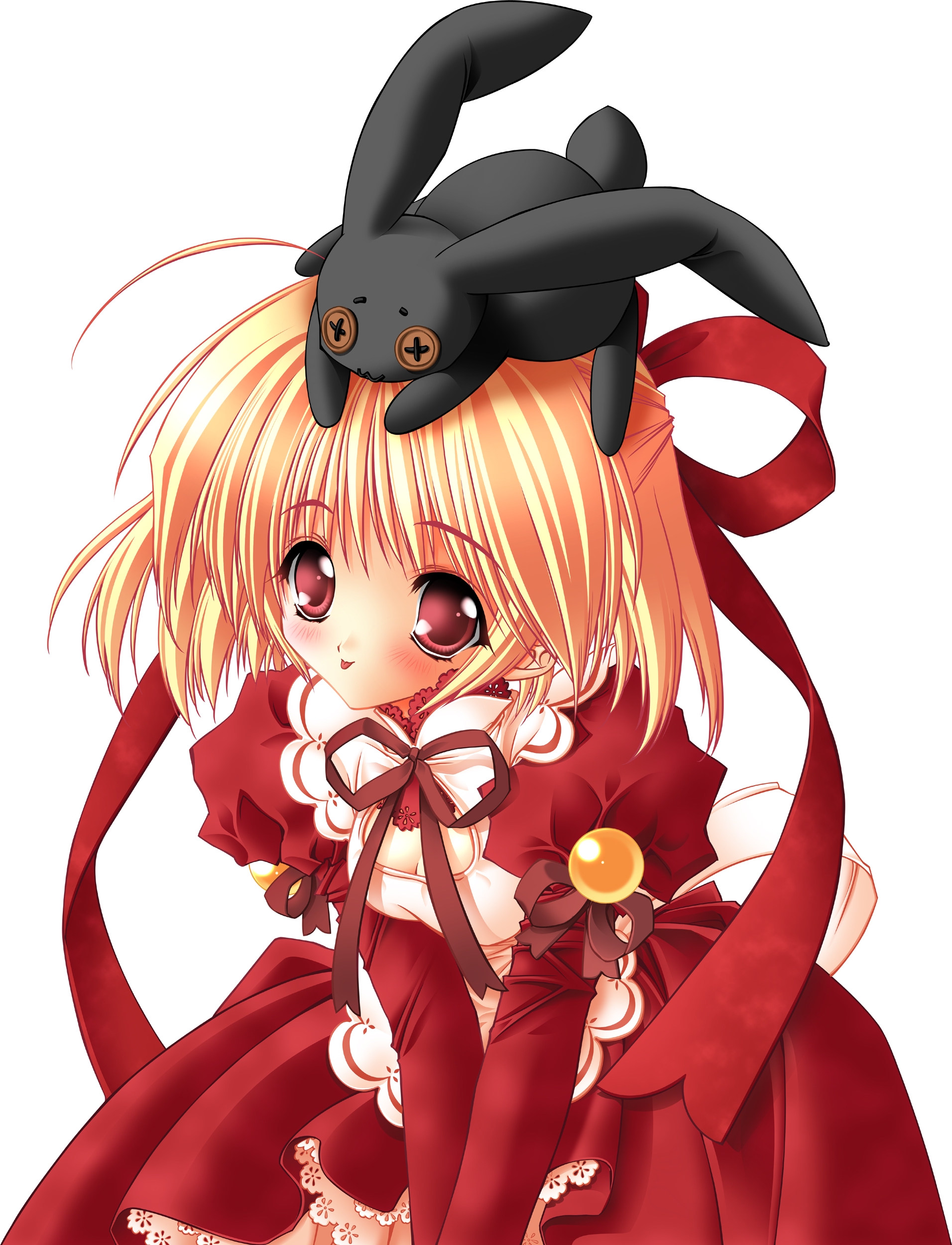 amamiya poran, stella arista, moldavite, absurdres, highres, :p, blonde hair, blush, bow, doll, dress, hair ribbon, rabbit, red eyes, ribbon, solo, tongue, tongue out