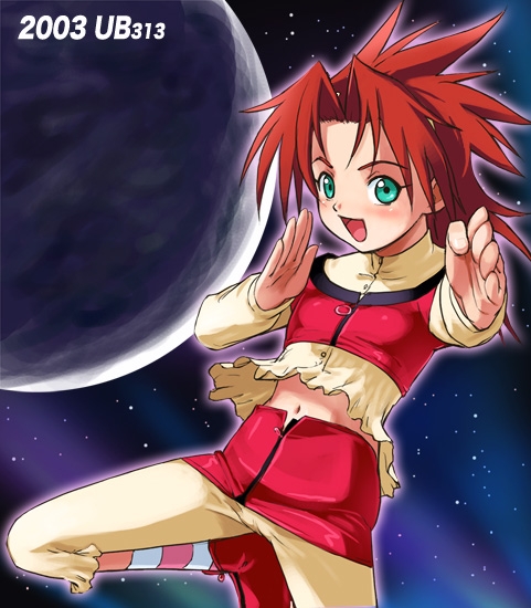 haruyama kazunori, eris willamette, gear senshi dendou, non-web source, 00s, 1girl, aqua eyes, blush, female focus, fighting stance, flat chest, midriff, miniskirt, navel, pencil skirt, red hair, skirt, smile, socks, solo, space, standing, standing on one leg, striped clothes, striped socks