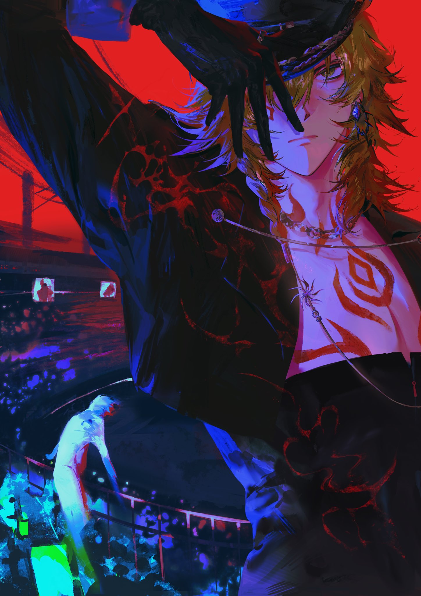 mydei (honkai: star rail), honkai: star rail, honkai (series), hashtag-only commentary, highres, 1boy, bangpingguo, black corset, black gloves, black hat, black jacket, blonde hair, braid, chest tattoo, corset, cropped jacket, facial tattoo, gloves, gradient hair, hair between eyes, hat, jacket, male focus, medium hair, multicolored hair, red hair, red tattoo, side braid, solo, tattoo, yellow eyes