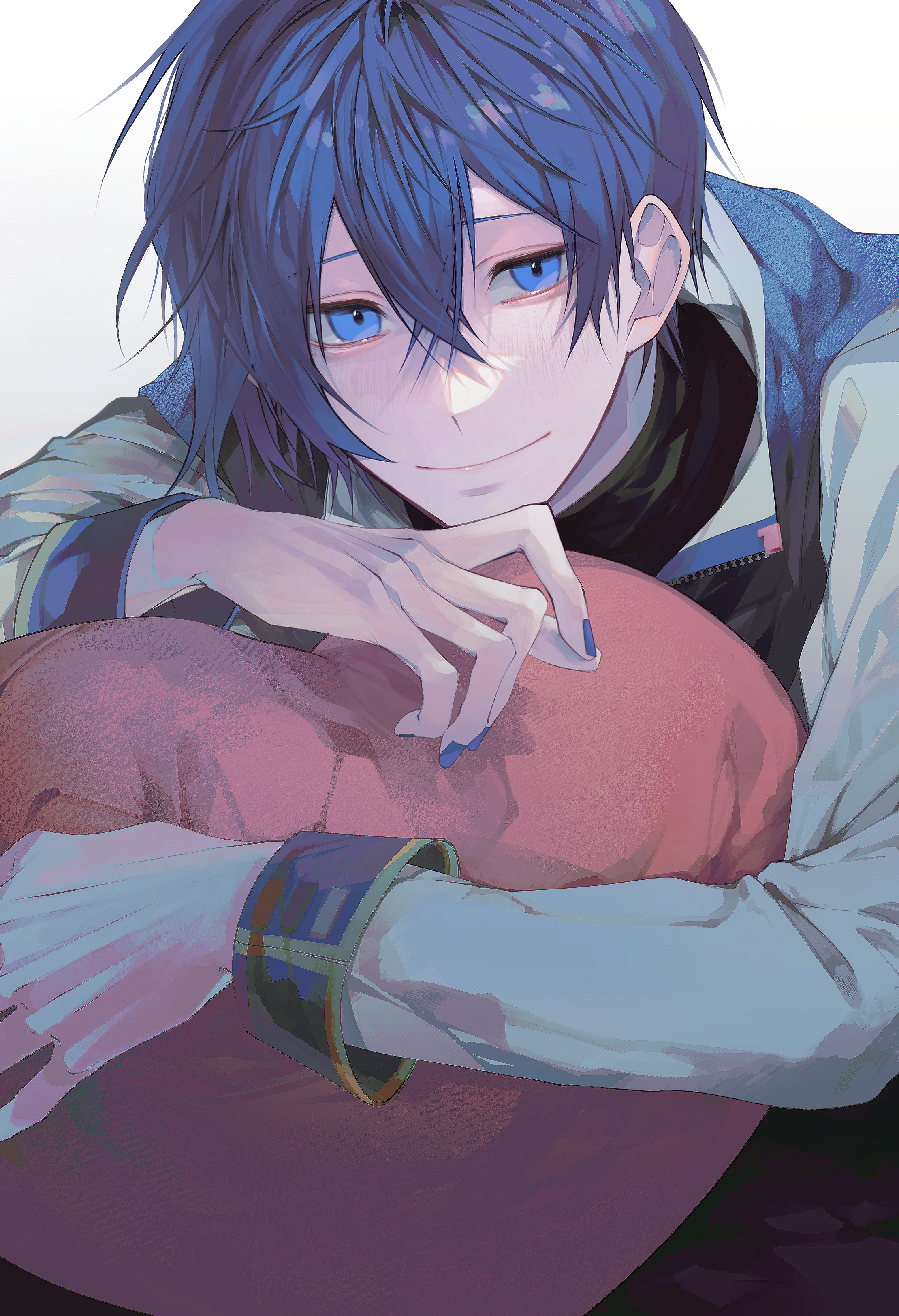 bibinggwas2, kaito (vocaloid), vocaloid, absurdres, highres, 1boy, blue eyes, blue hair, blue nails, blue scarf, closed mouth, hair between eyes, heart, heart-shaped pillow, hugging object, jacket, looking at viewer, male focus, pillow, pillow hug, scarf, short hair, simple background, smile, solo, white background, white jacket