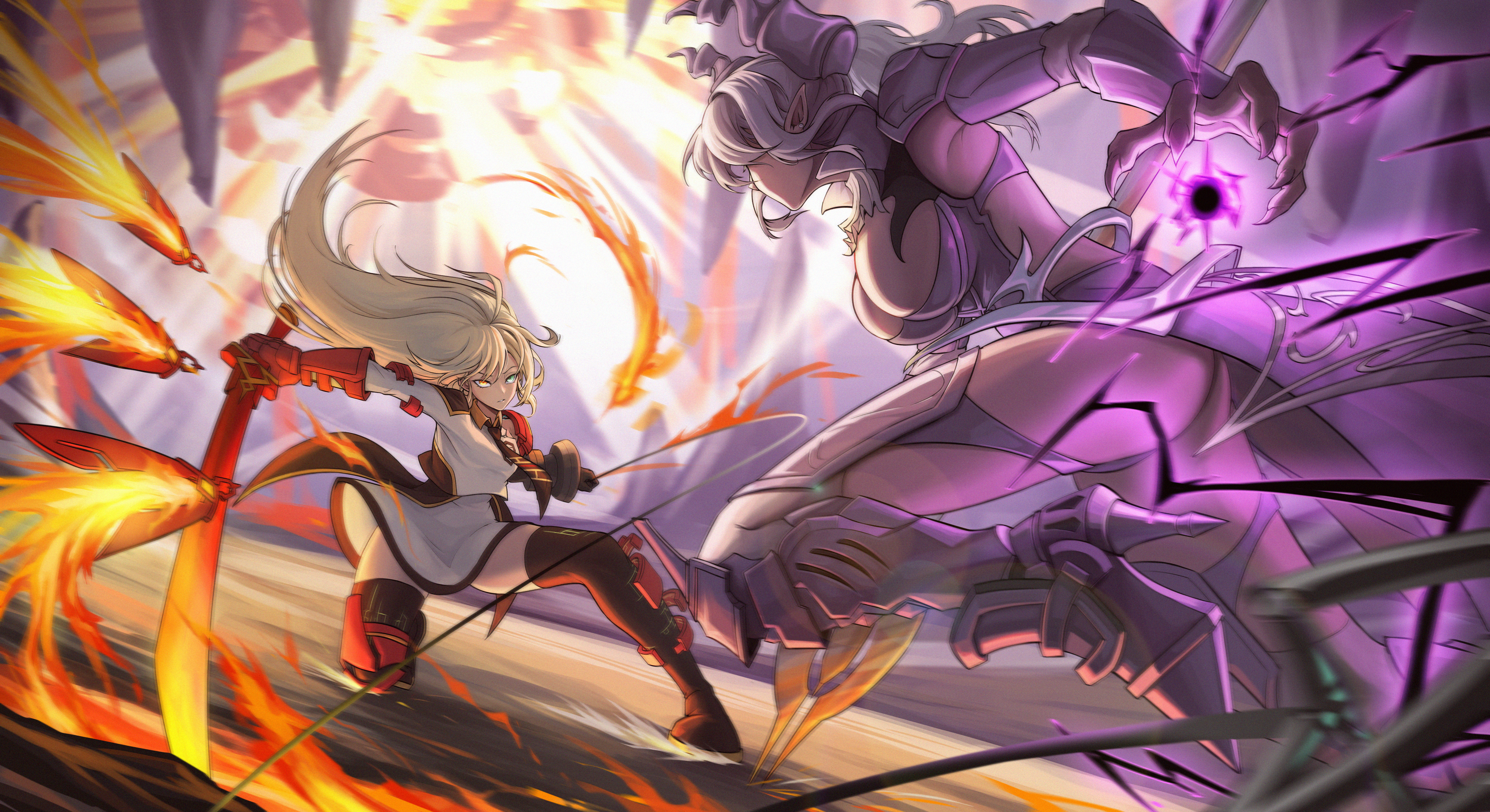saikre, lovely labrynth of the silver castle, sky striker ace – raye, yu-gi-oh!, absurdres, highres, 2girls, armored corset, bare shoulders, black necktie, blonde hair, breasts, brown necktie, cleavage, collared dress, demon girl, demon horns, demon wings, dress, drill hair, duel monster, fighting, gloves, green eyes, grey corset, grey eyes, grey hair, holding, holding sword, holding weapon, horns, large breasts, low wings, multiple girls, multiple wings, necktie, pointy ears, sword, transparent wings, twin drills, two-tone dress, weapon, white dress, white horns, wings