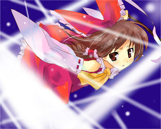 shige, hakurei reimu, touhou, 1girl, ascot, bare shoulders, bow, brown eyes, brown hair, collar, detached sleeves, dress, female focus, floating hair, flying, frills, full body, hair bow, hair tubes, long sleeves, looking at viewer, red bow, red dress, ribbon-trimmed sleeves, ribbon trim, sidelocks, solo