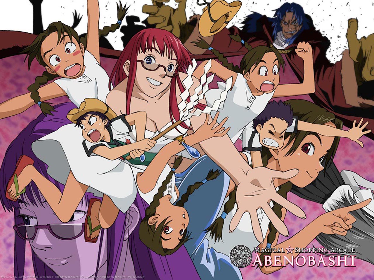 asahina arumi, imamiya satoshi, munemune, abenobashi mahou shoutengai, character request, 00s, 2boys, 2girls, black hair, blush, blush stickers, braid, brown eyes, brown hair, dress, glasses, grin, hat, long hair, looking at viewer, multiple boys, multiple girls, open mouth, red hair, semi-rimless eyewear, short hair, smile, sundress, tan, twin braids, under-rim eyewear