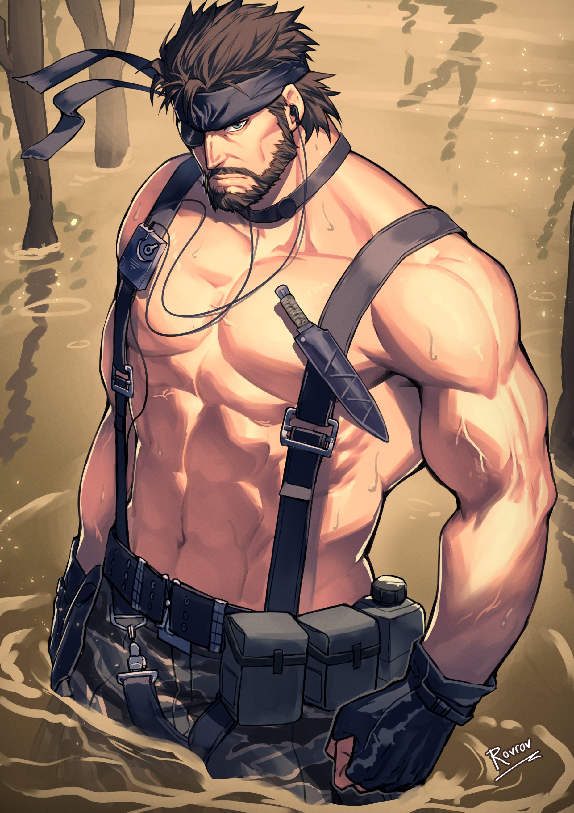 naked snake, metal gear (series), metal gear solid 3: snake eater, absurdres, commentary, highres, symbol-only commentary, 1boy, abs, artist name, bara, beard, belt, biceps, brown hair, camouflage, camouflage pants, closed mouth, eyepatch, facial hair, fingerless gloves, gloves, headband, knife sheath, looking at viewer, male focus, muscular, muscular male, navel, one eye covered, pants, pectorals, rovrov, sheath, strap, topless male, utility belt