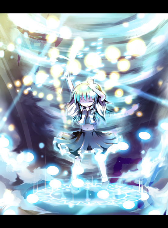 dorua (dollar), kochiya sanae, touhou, 1girl, closed eyes, danmaku, female focus, letterboxed, magic circle, solo