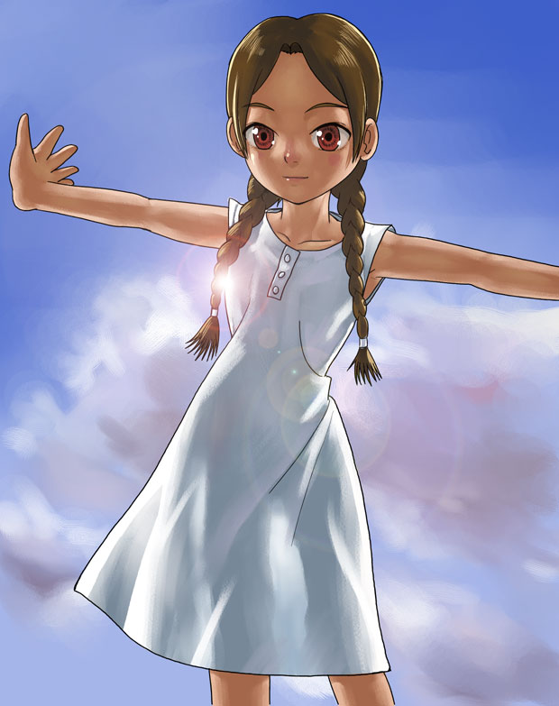 gotou kenji, asahina arumi, abenobashi mahou shoutengai, 00s, 1girl, braid, brown hair, child, collarbone, day, dress, female focus, long hair, red eyes, sky, sleeveless, sleeveless dress, solo, sundress, twin braids