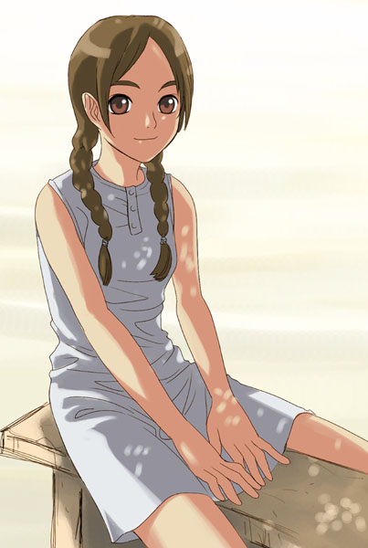 asahina arumi, abenobashi mahou shoutengai, 00s, 1girl, braid, brown eyes, brown hair, cowboy shot, day, dress, female focus, long hair, looking at viewer, short dress, sitting, smile, solo, straddling, twin braids