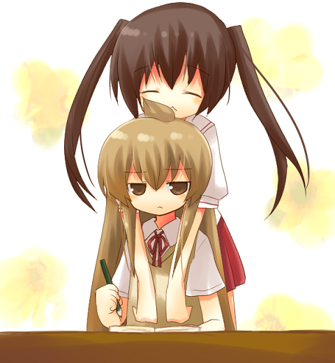 yuzuki (yuduame), minami chiaki, minami kana, minami-ke, 00s, 2girls, :<, ahoge, brown eyes, brown hair, closed eyes, multiple girls