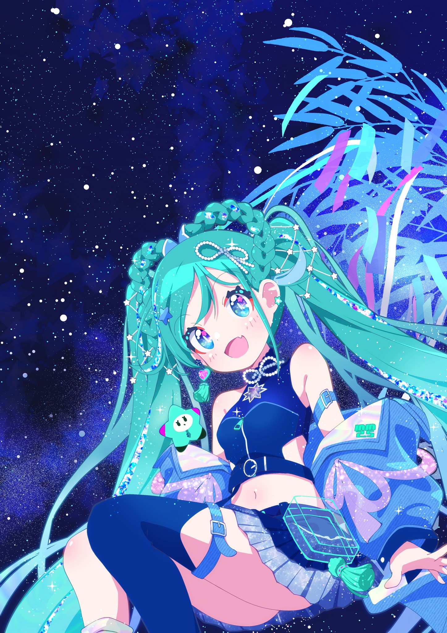 fuusen neko, hatsune miku, magical mirai miku, magical mirai miku (2025), magical mirai (vocaloid), vocaloid, commentary request, highres, 1girl, aqua hair, blue eyes, blue jacket, blue skirt, blue thighhighs, blush, braid, braided hair rings, breasts, crop top, earrings, hair between eyes, hair ornament, hair rings, heart, heart earrings, jacket, jewelry, long hair, long sleeves, looking at viewer, medium breasts, official alternate costume, official alternate hairstyle, open clothes, open jacket, open mouth, shirt, single earring, single thighhigh, skirt, sleeveless, sleeveless shirt, smile, solo, star (symbol), star hair ornament, thighhighs, twintails, very long hair